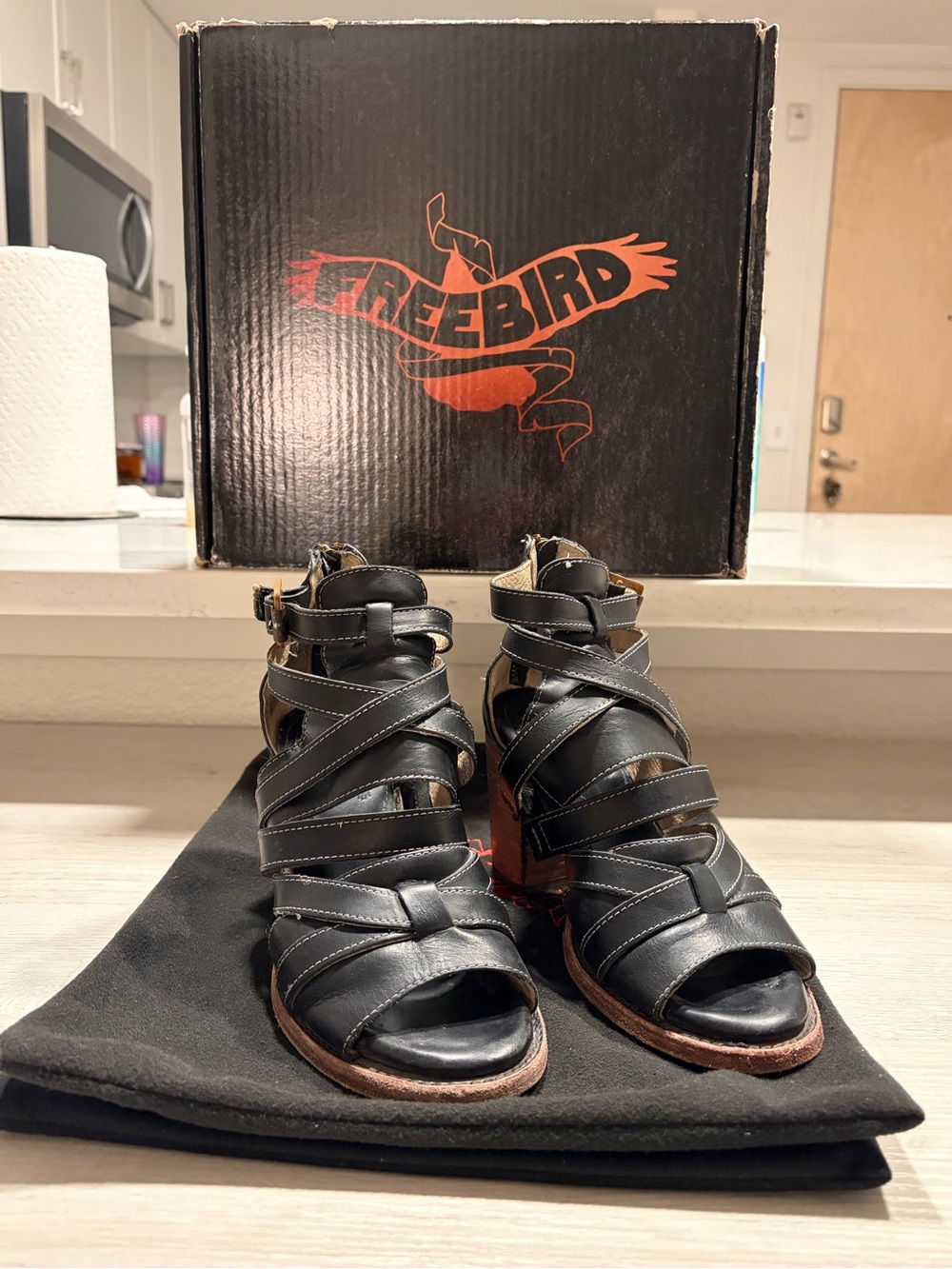 Freebird by Steven Black Strappy Leather Open-Toe Heels